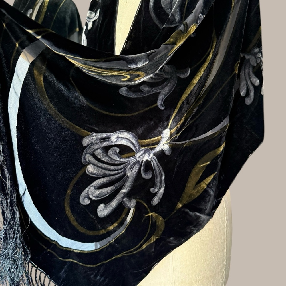 Luxurious Black and Silver Velvet Burnout Scarf